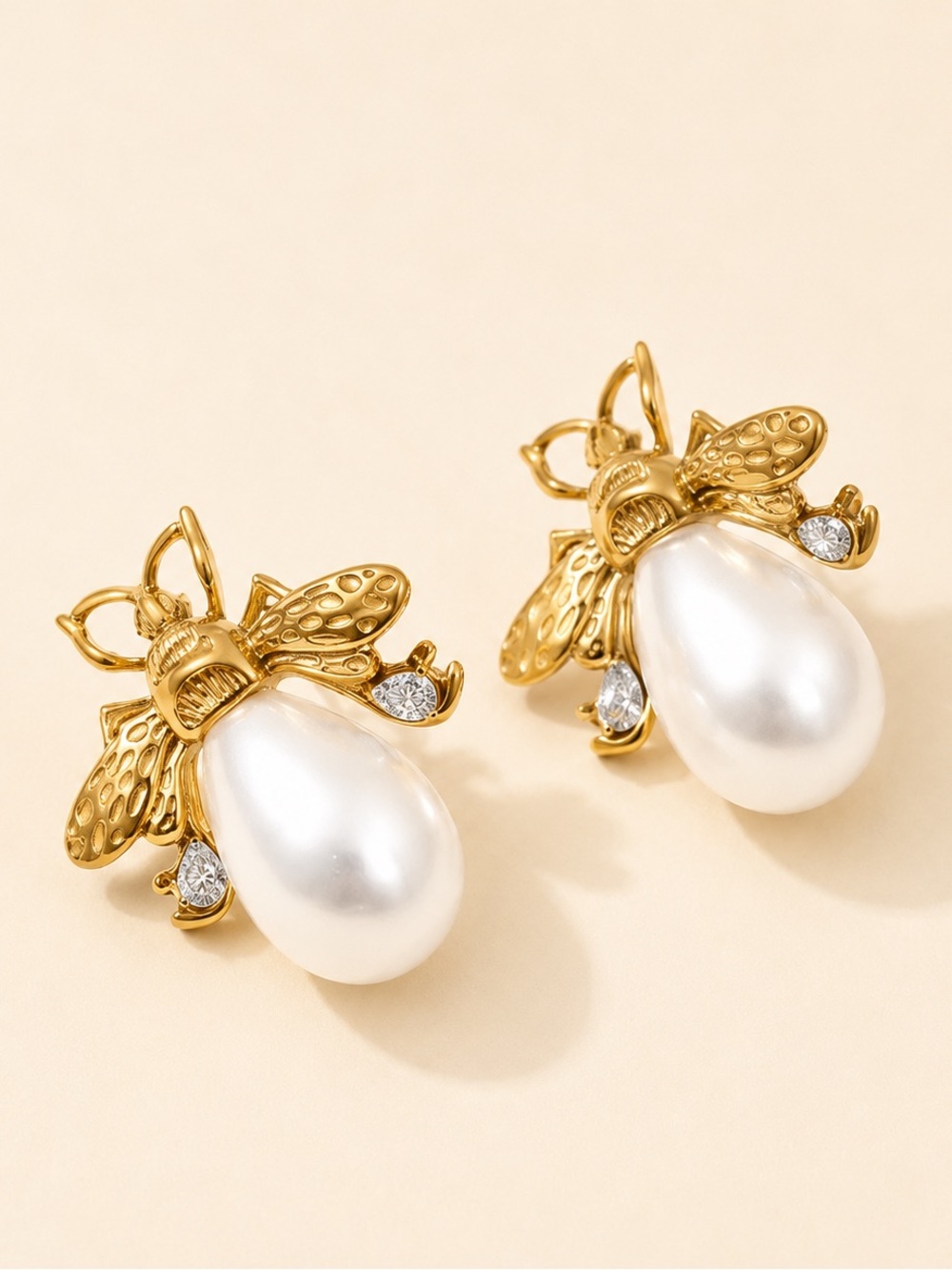 Gold Bee Pearl Drop Earrings